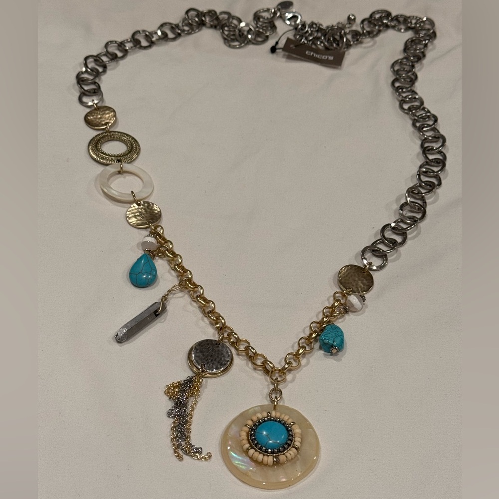 Chico's Selena Long Mixed Metal Pendant Chunky Charm Necklace 36-40 inch